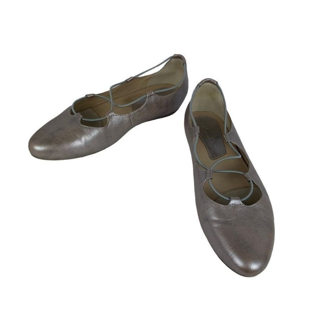 Earthies Essen Silver Criss Cross Leather Ballet Flats Metallic Almond Toe 10B